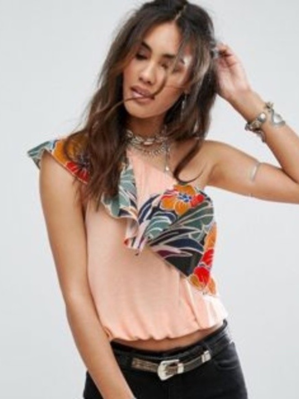 Free People Annka Bubble One-Shoulder Top — Small | Peach Multi | NWT